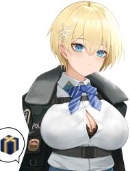 Rule 34 | 1girl, absurdres, black bra, blonde hair, blue eyes, bow, bowtie, bra, bra peek, bra visible through clothes, breasts, buckle, button gap, cleavage, codename696, collared shirt, girls&#039; frontline, hair ornament, highres, jacket, lace, lace-trimmed bra, lace trim, large breasts, mole, mole under eye, open clothes, open jacket, shirt, short hair, skirt, snap-fit buckle, snowflake hair ornament, solo, striped bow, striped bowtie, striped clothes, taut clothes, taut skirt, underwear, upper body, vsk-94 (girls&#039; frontline), white background, white shirt