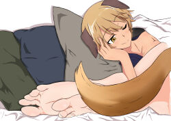 Rule 34 | 2girls, absurdres, animal ears, barefoot, bed, blonde hair, blush, breasts, brown eyes, cleavage, closed mouth, dog ears, edytha rossmann, feet, foot focus, fox tail, highres, hty1803063037, large breasts, looking at another, multiple girls, on bed, one eye closed, short hair, smile, soles, tail, toes, waltrud krupinski, world witches series, yuri