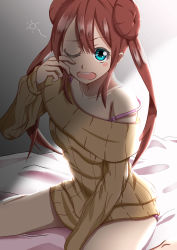 Rule 34 | 1girl, absurdres, bed sheet, between legs, blue eyes, bra strap, brown hair, brown sweater, collarbone, creatures (company), double bun, dress, floating hair, game freak, hair between eyes, hair bun, hand between legs, highres, indoors, long hair, looking at viewer, negimiso1989, nintendo, off-shoulder sweater, off shoulder, one eye closed, open mouth, pokemon, pokemon bw2, ribbed sweater, rosa (pokemon), sitting, solo, sweater, sweater dress, twintails, very long hair, waking up, wariza
