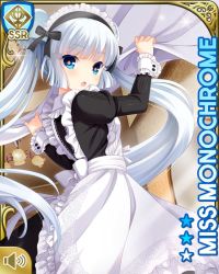 Rule 34 | 1girl, :o, apron, black dress, black footwear, blue eyes, blunt bangs, card, character name, dress, from behind, girlfriend (kari), indoors, maid, mansion, miss monochrome, miss monochrome (character), night, official art, open mouth, qp:flapper, solo, standing, tagme, twintails, white apron, white hair
