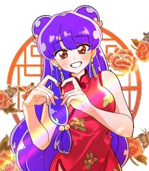 Rule 34 | 1girl, bell, blush, bow, china dress, chinese clothes, double bun, dress, earrings, flower, goyobit, grin, hair bell, hair bow, hair bun, hair flower, hair ornament, heart, heart hands, highres, jewelry, long hair, looking at viewer, purple hair, ranma 1/2, red dress, red eyes, round window, shampoo (ranma 1/2), sidelocks, simple background, smile, solo, white background, window