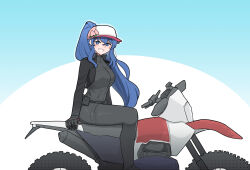 Rule 34 | 1girl, alternate costume, baseball cap, biker clothes, bikesuit, black gloves, blue eyes, blue hair, bodysuit, breasts, bright pupils, commentary, english commentary, from side, full body, gloves, hat, highres, hinanawi tenshi, hinanawi tenshi (flaming gale rider), large breasts, long hair, looking at viewer, mata (matasoup), motor vehicle, motorcycle, peach print, ponytail, sitting, smile, solo, touhou, touhou lostword, white pupils