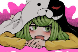 Rule 34 | 1girl, amamitsutsuki 9, blush, child, danganronpa (series), danganronpa 3 (anime), danganronpa another episode: ultra despair girls, eyebrows hidden by hair, eyelashes, green eyes, green hair, hood, hoodie, looking to the side, lower teeth only, lying, multicolored background, on stomach, open mouth, pajamas, pink background, simple background, swastika, teeth, tired, towa monaca, upper body, upper teeth only, white background, yellow pajamas, yellow sleeves