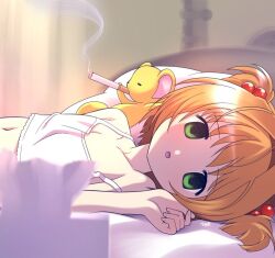 Rule 34 | 1boy, 1girl, cardcaptor sakura, cigarette, closed eyes, empty eyes, green eyes, himehachi (hime8manga), kero (cardcaptor sakura), kinomoto sakura, navel, on bed, open mouth, pillow, ruined for marriage, smoke, smoking