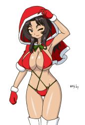 Rule 34 | 10 ji lay, 1girl, ;), adjusting hood, bikini, black eyes, black hair, boots, breasts, capelet, christmas, cleavage, closed mouth, commentary request, cowboy shot, dark-skinned female, dark skin, el (girls und panzer), fur-trimmed capelet, fur trim, girls und panzer, gloves, groin, hair intakes, highres, hood, hood up, hooded capelet, large breasts, long hair, looking at viewer, navel, o-ring, o-ring bikini, one eye closed, red bikini, red capelet, red gloves, santa bikini, santa gloves, simple background, smile, solo, standing, swimsuit, thigh boots, thigh gap, thighhighs, twitter username, white background, white footwear