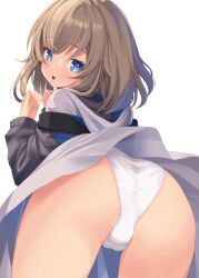 Rule 34 | 1girl, ass, bent over, black jacket, blue eyes, blush, brown hair, cameltoe, from behind, hood, hood down, hoodie, jacket, jacket over hoodie, kirishima satoshi, looking at viewer, looking back, medium hair, open mouth, original, panties, simple background, skirt, solo, thighs, underwear, white background, white hoodie, white panties, white skirt