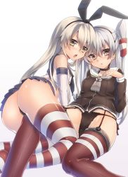 Rule 34 | 10s, 2girls, all fours, amatsukaze (kancolle), ass, black panties, blonde hair, blouse, brown eyes, chestnut mouth, choker, crop top, detached sleeves, elbow gloves, garter straps, gloves, grey hair, hair between eyes, hair ribbon, hand on own chest, kantai collection, keita (tundereyuina), leg between thighs, long hair, looking at viewer, looking back, microskirt, multiple girls, open mouth, panties, pleated skirt, reclining, ribbon, shimakaze (kancolle), shirt, side-tie panties, skirt, striped clothes, striped legwear, striped thighhighs, thigh straddling, thighhighs, thong, triangle mouth, twintails, two side up, underwear, white background, yellow eyes