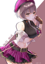 Rule 34 | 1girl, arm under breasts, artist name, belt, belt buckle, beret, breasts, brown gloves, buckle, chain belt, character name, closed mouth, collared shirt, crop top, expressionless, fingerless gloves, front-tie top, girls&#039; frontline, gloves, hat, highres, large breasts, medal, midriff, mole, mole under mouth, multicolored eyes, navel, off shoulder, purple hair, purple hat, purple skirt, shirt, short hair, simple background, skirt, sleeveless, sleeveless shirt, solo, tied shirt, tsubakiya setsuna, two-tone background, type 92 (girls&#039; frontline)