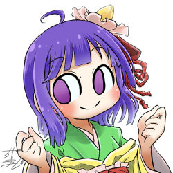 Rule 34 | 1girl, ahoge, profile picture, chamaji, commentary, flower, hair flower, hair ornament, hair ribbon, hieda no akyuu, japanese clothes, kimono, looking at viewer, lowres, medium hair, purple hair, ribbon, sidelocks, signature, smile, solo, touhou, upper body, white background