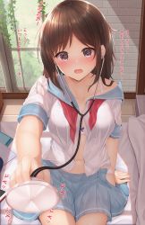 Rule 34 | 1girl, @ @, arm support, bare shoulders, blue sailor collar, blue skirt, blush, bow, bow bra, bra, breasts, brick wall, brown hair, collarbone, day, hand up, highres, holding, indoors, long hair, looking at viewer, medium breasts, minato ojitan, navel, neckerchief, off shoulder, open clothes, open mouth, open shirt, original, panties, parted bangs, pleated skirt, red eyes, red neckerchief, sailor collar, school uniform, serafuku, shirt, short sleeves, sitting, skirt, stethoscope, translation request, underwear, white bra, white panties, white shirt, window