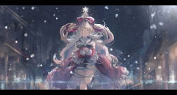 Rule 34 | :d, absurdres, betabeet, blonde hair, cagliostro (granblue fantasy), christmas, closed eyes, eyebrows, granblue fantasy, highres, letterboxed, long hair, open mouth, smile, solo, winter