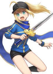 Rule 34 | 1girl, ahoge, artoria pendragon (fate), baseball cap, black shorts, blonde hair, blue jacket, blue scarf, fate/grand order, fate (series), hat, highres, jacket, mysterious heroine x (fate), open mouth, ponytail, scarf, shorts, solo, sword, weapon, yuko666