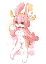 Rule 34 | 1girl, :d, absurdres, animal ear fluff, blunt bangs, bob cut, borrowed character, breasts, commentary, deer, eyes visible through hair, floral background, furry, furry female, hand up, highres, horns, jackalope, legs apart, looking at viewer, open mouth, original, pink hair, rabbit, smile, solo, stardust4917, white background, yellow eyes