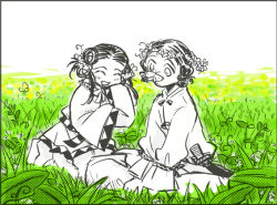 Rule 34 | 1boy, 1girl, black hair, bug, butterfly, do do goki, grass, bug, nature, original, outdoors, partially colored, sitting, yayoi period