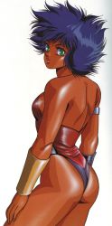Rule 34 | 1980s (style), 1girl, :d, armband, ass, back, backless leotard, blue hair, bracer, breasts, dangaiou, dark-skinned female, dark skin, from behind, green eyes, hirano toshihiro, leotard, lipstick, looking back, makeup, medium breasts, oldschool, open mouth, pai thunder, red leotard, retro artstyle, scan, shiny clothes, short hair, sideboob, simple background, smile, solo, spiked hair, tan