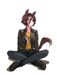 Rule 34 | 1girl, animal ears, black footwear, black jacket, black pants, boots, brown eyes, brown hair, closed mouth, colored shadow, cross-laced footwear, full body, grey hair, hair over one eye, highres, horse ears, horse girl, horse tail, jacket, lace-up boots, long hair, looking to the side, low ponytail, multicolored hair, open clothes, open jacket, orange shirt, pants, ponytail, rano (sub tacorice), shadow, shirt, simple background, sitting, solo, tail, two-tone hair, umamusume, very long hair, vodka (umamusume), white background