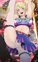 Rule 34 | 1girl, armpits, belt, blonde hair, blue eyes, breasts, butcha-u, cameltoe, candy, chainsaw, cheering, cheerleader, commentary request, crop top, disembodied hand, disembodied head, food, gluteal fold, hair ornament, hair scrunchie, highres, juliet starling, kneepits, large breasts, leg up, lollipop, lollipop chainsaw, navel, nick carlyle, open mouth, panties, pink lips, pink scrunchie, pom pom (cheerleading), scrunchie, severed head, solo focus, split, standing, standing on one leg, standing split, sweat, thighhighs, toned, twintails, underwear, upskirt, white panties, white thighhighs, zombie