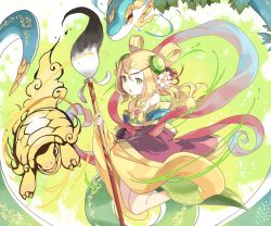 Rule 34 | 1girl, bare shoulders, blonde hair, calligraphy brush, chinese clothes, flower, green eyes, hair flower, hair ornament, hair rings, meimei (p&amp;d), paintbrush, puzzle &amp; dragons, reeh (yukuri130), snake, solo, turtle, turtle shell