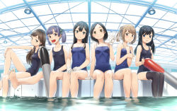 Rule 34 | 6+girls, arashio (kancolle), asashio (kancolle), backlighting, barefoot, black hair, black one-piece swimsuit, black thighhighs, blue eyes, blue one-piece swimsuit, blunt bangs, blurry, breasts, brown eyes, brown hair, competition school swimsuit, day, depth of field, feet out of frame, fisheye, frown, grey eyes, grey hair, hair bun, hair ornament, hairclip, half-closed eyes, head tilt, heibonkaeru, indoors, kantai collection, kuroshio (kancolle), legs together, light brown hair, long hair, looking at viewer, michishio (kancolle), multiple girls, one-piece swimsuit, ooshio (kancolle), oyashio (kancolle), parted bangs, school swimsuit, short hair, short twintails, side-by-side, sitting, small breasts, smile, soaking feet, splashing, swimsuit, thighhighs, torpedo, trait connection, twintails, v, v-shaped eyebrows, water, yellow eyes