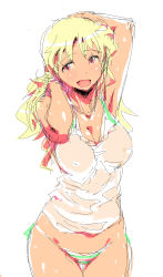 Rule 34 | 1girl, armpits, blonde hair, breasts, cleavage, covered erect nipples, highres, hoshii miki, idolmaster, idolmaster (classic), large breasts, long hair, no pants, open mouth, panties, side-tie panties, simple background, sketch, solo, striped clothes, striped panties, thigh gap, underwear, white background, zasha