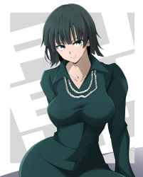 Rule 34 | 1girl, breasts, collarbone, dress, fubuki (one-punch man), green dress, green eyes, green hair, highres, jewelry, kirisaki reina, large breasts, looking at viewer, necklace, one-punch man, short hair, sitting, smile, solo