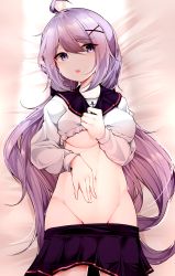 Rule 34 | 1girl, absurdres, ahoge, anchor symbol, azur lane, bed sheet, black sailor collar, black scrunchie, black skirt, blush, breasts, clothes lift, clothes pull, commentary, cowboy shot, dated commentary, groin, hair ornament, hair scrunchie, hand on own stomach, highres, indoors, long hair, long sleeves, looking at viewer, low twintails, lying, medium breasts, navel, no legwear, no panties, on back, parted lips, pleated skirt, purple eyes, purple hair, sailor collar, samip, school uniform, scrunchie, serafuku, shirt lift, sidelocks, skirt, skirt pull, solo, stomach, sweat, symbol-only commentary, teeth, twintails, underboob, unicorn (long-awaited date) (azur lane), unicorn (azur lane), upper teeth only, very long hair, x hair ornament