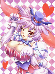 Rule 34 | 10s, animal ears, bat wings, bow, bowtie, breasts, cardfight!! vanguard, checkered background, cleavage, cleavage cutout, clothing cutout, corset, hat, looking at viewer, midnight bunny, monster girl, one eye closed, pale moon, pink eyes, pink fur, pink hair, puffy sleeves, rabbit ears, rabbit tail, ribbon, short hair, tail, tattoo, wings, wink, wrist cuffs