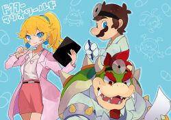Rule 34 | 1girl, 2boys, armlet, blonde hair, blue background, blue eyes, bowser, brown hair, chill (dr. mario), contemporary, dr. mario, dr. mario (game), dr. mario world, dr. peach, earrings, facial hair, gloves, hairband, head mirror, highres, holding, holding paper, holding pen, horns, jacket, jewelry, long hair, lzesmelt, mario, mario (series), multiple boys, mustache, necktie, nintendo, open mouth, paper, pen, pill, pink jacket, pink skirt, pointer, ponytail, princess peach, red eyes, red hair, red necktie, shirt, skirt, spiked armlet, sweatdrop, virus (dr. mario), white gloves, white shirt