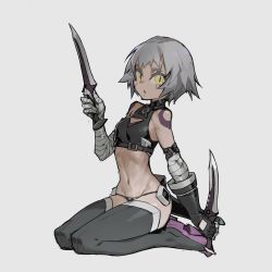 Rule 34 | 1girl, bandaged arm, bandaged hand, bandages, bare shoulders, black gloves, black thighhighs, boots, dagger, dual wielding, fate/grand order, fate (series), fingerless gloves, gloves, grey background, grey hair, highres, holding, holding dagger, holding knife, holding weapon, jack the ripper (fate/apocrypha), kneeling, knife, lamian (pixiv415608), navel, parted lips, purple footwear, scabbard, scar, scar across eye, scar on face, sheath, short hair, simple background, single glove, sitting, slit pupils, solo, tattoo, thigh boots, thighhighs, weapon