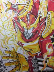 Rule 34 | 1boy, autobot, fire, fire, highres, insignia, machine, machinery, male focus, mecha, no humans, robot, rodimus, science fiction, simple background, solo, the transformers (idw), traditional media, transformers, tsushima naoto