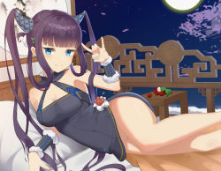 Rule 34 | 1girl, absurdres, bare shoulders, black dress, blue eyes, blunt bangs, blush, breasts, china dress, chinese clothes, cleavage, closed mouth, commentary request, dress, fate/grand order, fate (series), hair ornament, highres, large breasts, long hair, looking at viewer, lying, moon, night, on side, purple hair, sidelocks, smile, solo, twintails, very long hair, w-t, yang guifei (fate), yang guifei (second ascension) (fate)
