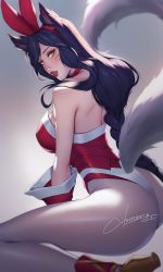 Rule 34 | 1girl, ahri (league of legends), animal ears, ass, bare shoulders, black hair, braid, breasts, choker, citemer, fox ears, fox eats, fox tail, high heels, highres, large breasts, league of legends, lipstick, long hair, looking at viewer, looking back, makeup, parted lips, playboy bunny, sitting, solo, tail, yellow eyes