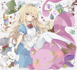 Rule 34 | 1girl, absurdres, alice (alice in wonderland), alice in wonderland, animal, apron, bird, blonde hair, blue dress, blush, brown footwear, card, cat, checkerboard cookie, cheshire cat (alice in wonderland), closed mouth, clothed animal, club (shape), commentary request, cookie, cup, cupcake, diamond (shape), dress, drink me, eat me, english text, flamingo, food, fork, frilled apron, frills, green eyes, green headwear, green pants, hair between eyes, hair ribbon, hairband, hat, heart, highres, holding, holding smoking pipe, loafers, mad hatter (alice in wonderland), pants, playing card, pocket watch, puffy short sleeves, puffy sleeves, rabbit, red vest, ribbon, shoes, short eyebrows, short sleeves, sign, smile, smoking pipe, spade (shape), tea, teacup, thick eyebrows, thighhighs, top hat, tsukiyo (skymint), vest, watch, white apron, white hairband, white rabbit (alice in wonderland), white ribbon, white thighhighs