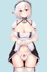 Rule 34 | 1girl, anchor choker, anti (0324), azur lane, blue background, blush, bow, bow panties, breasts, choker, cleavage, closed mouth, clothes lift, collarbone, dress, dress lift, gluteal fold, groin, hair between eyes, hairband, head tilt, heart, highres, lace-trimmed choker, lace-trimmed hairband, lace trim, large breasts, lifted by self, looking at viewer, navel, panties, puffy sleeves, red eyes, ribbon, short hair, short sleeves, sidelocks, simple background, sirius (azur lane), smile, solo, standing, thigh gap, thighhighs, underwear, white hair, white panties, white thighhighs