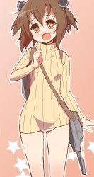 Rule 34 | 10s, 1girl, 9law, :d, bad id, bad pixiv id, blush, brown eyes, brown hair, highres, kantai collection, long sleeves, looking at viewer, no pants, oekaki, open mouth, panties, pantyshot, personification, ribbed sweater, short hair, smile, solo, sweater, underwear, yukikaze (kancolle)