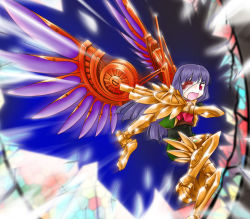 Rule 34 | 1girl, armor, bandage over one eye, breaking, broken glass, cave (developer), crushing, destruction, espgaluda, glass, gun, long hair, mechanical wings, armored boots, purple hair, red eyes, seseri, seseri (espgaluda), solo, stained glass, weapon, white-owl, wings