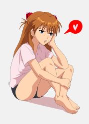 Rule 34 | 1girl, bare legs, barefoot, black shorts, breasts, brown hair, commentary, conejologia, crossed legs, english commentary, feet, full body, grey background, hair ornament, hand up, head rest, heart, highres, legs, long hair, looking to the side, neon genesis evangelion, open mouth, pink shirt, shadow, shirt, short shorts, short sleeves, shorts, sidelocks, signature, simple background, sitting, small breasts, soles, solo, souryuu asuka langley, spoken heart, t-shirt, teeth, toenails, toes, upper teeth only