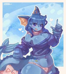 Rule 34 | 1girl, blue background, blue eyes, blue hair, blue skin, blue sweater, blush, border, breasts, brown border, cleavage, colored skin, commentary, creatures (company), english commentary, finger gun, fins, furry, furry female, game freak, gen 1 pokemon, head fins, heart, highres, large breasts, long hair, nintendo, off shoulder, open mouth, outside border, panties, pink panties, pointing, pointing up, pokemon, ribbed sweater, smile, solo, stomach tattoo, sweater, tail, tattoo, underwear, vaporeon, woozie