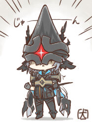 1boy akanotanin13 arknights armor black_gloves black_jacket black_pants chibi full_body gloves grey_hair head_wings helmet highres holding holding_pen jacket logos_(arknights) long_hair nib_pen_(object) pants pen phonor-0_(arknights) signature solo standing wings