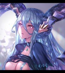 Rule 34 | 1girl, blue hair, braid, breasts, choker, cleavage, crossed bangs, dragon girl, fate/grand order, fate (series), gloves, hands on own chest, heiyan shenshi, highres, horns, jewelry, large breasts, long hair, long horns, looking at viewer, necklace, parted lips, pointy ears, sidelocks, solo, striped clothes, striped gloves, symbol-shaped pupils, tears, tiamat (fate), vertical-striped clothes, vertical-striped gloves