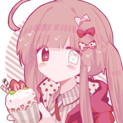 Rule 34 | 1girl, ahoge, blush stickers, bow, brown shirt, closed mouth, collared shirt, cupcake, expressionless, eyes visible through hair, food, fruit, hair bow, heart, heterochromia, holding, holding food, hood, hood down, hooded jacket, jacket, long hair, mellow sugar, multiple hair bows, no nose, open clothes, open jacket, original, pink hair, pink jacket, polka dot, polka dot bow, portrait, red bow, red eyes, shirt, sidelocks, solo, strawberry, striped clothes, striped shirt, twintails, usagi nui, vertical-striped clothes, vertical-striped shirt, white bow, white eyes