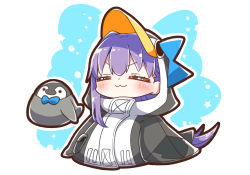 Rule 34 | 1girl, :3, = =, absurdres, animal, animal hood, bird, black jacket, blue background, blue bow, blush, bow, chibi, closed eyes, closed mouth, facing viewer, fate/grand order, fate (series), hair between eyes, highres, hood, hood up, hooded jacket, jacket, jako (jakoo21), long hair, long sleeves, meltryllis, meltryllis (fate), meltryllis (swimsuit lancer) (fate), meltryllis (swimsuit lancer) (first ascension) (fate), outline, penguin, penguin hood, purple hair, sleeves past fingers, sleeves past wrists, solo, sparkle, two-tone background, very long hair, white background, white outline