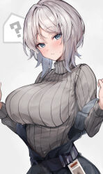 Rule 34 | 1girl, ?, absurdres, blue eyes, blush, breasts, closed mouth, faust (project moon), grey sweater, highres, kuroshiro kanae, large breasts, limbus company, long sleeves, project moon, revision, ribbed sweater, short hair, simple background, solo, sweater, turtleneck, turtleneck sweater, white hair