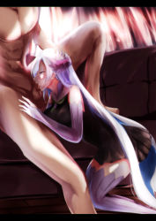 Rule 34 | 1boy, 1girl, bare shoulders, black dress, breasts, bridal gauntlets, brynhildr (fate), clothed female nude male, crying, crying with eyes open, dress, fate/prototype, fate/prototype: fragments of blue and silver, fate (series), fellatio, from side, half-closed eyes, hand on another&#039;s head, hetero, highres, kneeling, large breasts, letterboxed, long hair, nude, oral, otsunabe (naabe delta), penis, purple eyes, short dress, silver hair, solo focus, tears, thighhighs, very long hair, winged hair ornament