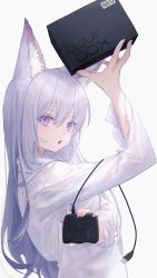 Rule 34 | 1girl, animal ears, cat ears, controller, from side, game controller, grey hair, hair between eyes, hand up, highres, long sleeves, looking at viewer, looking to the side, original, parted lips, purple eyes, shirt, simple background, slit pupils, solo, tourbox, white background, white shirt, whitem (whiteemperor2020)