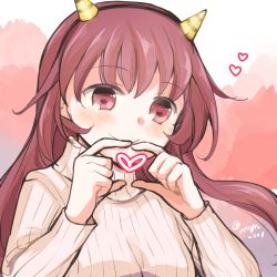 Rule 34 | 1girl, akoya (anoko konoko), beige sweater, brown eyes, brown hair, commentary request, heart, heart hands, horns, kantai collection, kisaragi (kancolle), long hair, lowres, multicolored background, oni horns, ribbed sweater, smile, solo, sweater, twitter username, upper body