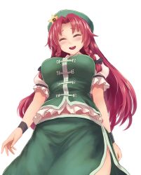 Rule 34 | 1girl, blush, bow, braid, breasts, chinese clothes, closed eyes, female focus, hong meiling, long hair, red hair, round teeth, skirt, skirt set, smile, solo, star (symbol), tachi-e, teeth, touhou, transparent background, twin braids, utopia