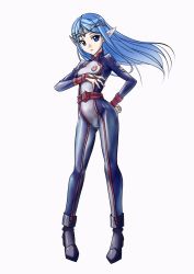 Rule 34 | aegis (nerocc), blue eyes, blue hair, full body, lafiel, long hair, looking at viewer, matching hair/eyes, pointy ears, seikai no senki, simple background, skin tight, solo, standing, white background