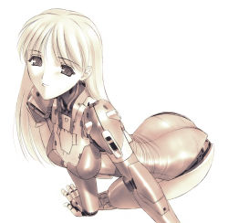 Rule 34 | 1girl, android, arched back, arm support, ass, bent over, bodysuit, compound eyes, kneeling, long hair, magaki ryouta, mecha, monochrome, robot, sepia, simple background, smile, solo, white background