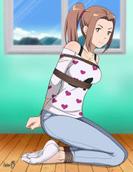 Rule 34 | 1girl, absurdres, bdsm, bondage, bound, bound ankles, bound wrists, breast bondage, breasts, brown eyes, brown hair, denim, digimon, digimon adventure tri., earrings, heart, highres, jeans, jewelry, looking at viewer, necklace, pants, shadow xcp, shirt, socks, tachikawa mimi, white shirt